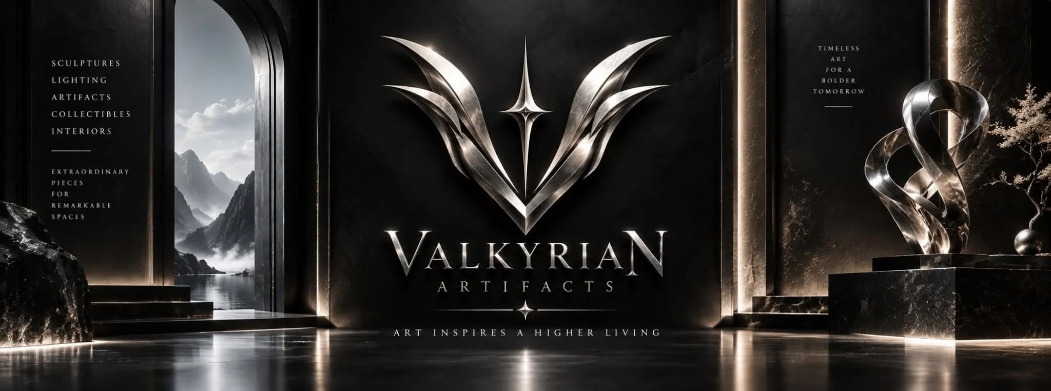 Valkyrian interior concept featuring sculptural silver art and dark marble